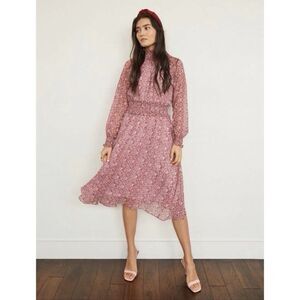 O.P.T On The Run Smocked Midi Dress Sz L Multicolor Chiffon Floral Long Sleeve